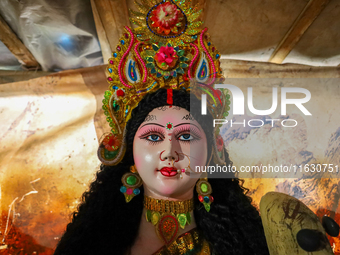 An idol of the Hindu goddess Nawa Durga is pictured at a studio in Lalitpur, Nepal, on October 2, 2024, ahead of the festival of Nawaratri....