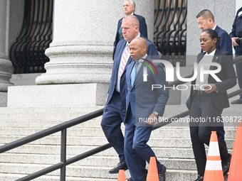 Mayor of New York City Eric Adams departs Thurgood Marshall United States Courthouse following a court appearance on federal charges of brib...