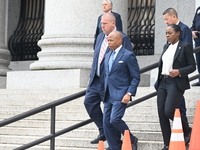 Mayor of New York City Eric Adams departs Thurgood Marshall United States Courthouse following a court appearance on federal charges of brib...