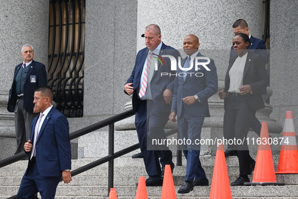 Mayor of New York City Eric Adams departs Thurgood Marshall United States Courthouse following a court appearance on federal charges of brib...