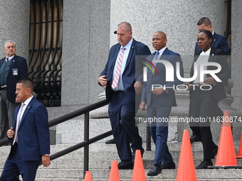 Mayor of New York City Eric Adams departs Thurgood Marshall United States Courthouse following a court appearance on federal charges of brib...