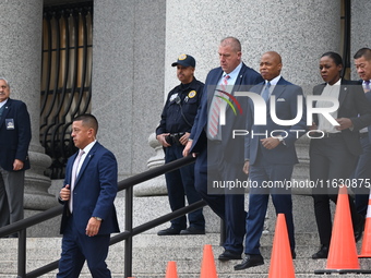 Mayor of New York City Eric Adams departs Thurgood Marshall United States Courthouse following a court appearance on federal charges of brib...