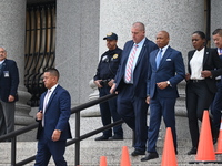 Mayor of New York City Eric Adams departs Thurgood Marshall United States Courthouse following a court appearance on federal charges of brib...