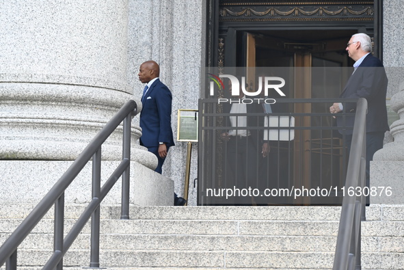 Mayor of New York City Eric Adams departs Thurgood Marshall United States Courthouse following a court appearance on federal charges of brib...