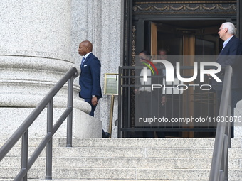 Mayor of New York City Eric Adams departs Thurgood Marshall United States Courthouse following a court appearance on federal charges of brib...