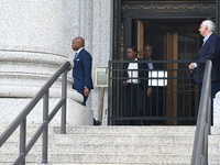 Mayor of New York City Eric Adams departs Thurgood Marshall United States Courthouse following a court appearance on federal charges of brib...