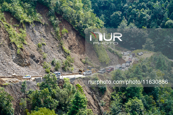 Due to heavy rainfall, the landslide damages the Dakshinkali-Sisneri road in Sisneri village, Makwanpur, Nepal, on October 2, 2024. 