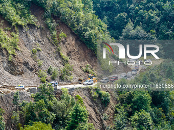 Due to heavy rainfall, the landslide damages the Dakshinkali-Sisneri road in Sisneri village, Makwanpur, Nepal, on October 2, 2024. (