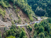 Due to heavy rainfall, the landslide damages the Dakshinkali-Sisneri road in Sisneri village, Makwanpur, Nepal, on October 2, 2024. (