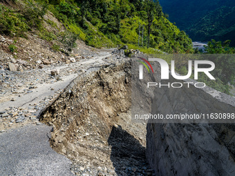 Due to heavy rainfall, the landslide damages the Dakshinkali-Sisneri road in Sisneri village, Makwanpur, Nepal, on October 2, 2024. (