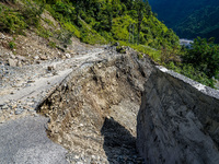 Due to heavy rainfall, the landslide damages the Dakshinkali-Sisneri road in Sisneri village, Makwanpur, Nepal, on October 2, 2024. (