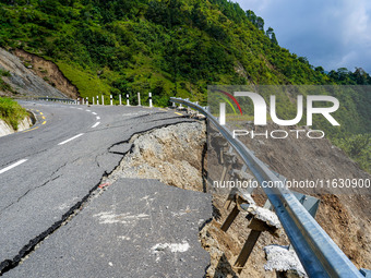 Due to heavy rainfall, the landslide damages the Dakshinkali-Sisneri road in Sisneri village, Makwanpur, Nepal, on October 2, 2024. (