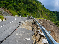 Due to heavy rainfall, the landslide damages the Dakshinkali-Sisneri road in Sisneri village, Makwanpur, Nepal, on October 2, 2024. (