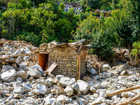 The flooding of the Kulekhani River damages homes and riverbanks in Sisneri, Makwanpur, Nepal, on October 2, 2024. Thirty-one homes are comp...