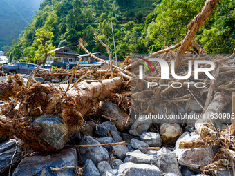 Heavy rainfall completely destroys the Dakshinkali-Sisneri road between Terai and Kathmandu Valley in Sisneri village, Makwanpur, Nepal, on...