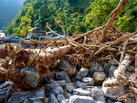 Heavy rainfall completely destroys the Dakshinkali-Sisneri road between Terai and Kathmandu Valley in Sisneri village, Makwanpur, Nepal, on...