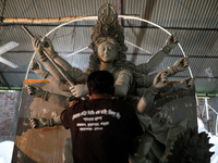 Artisans make idols ahead of Durga Puja in Dhaka, Bangladesh, on October 2, 2024. (