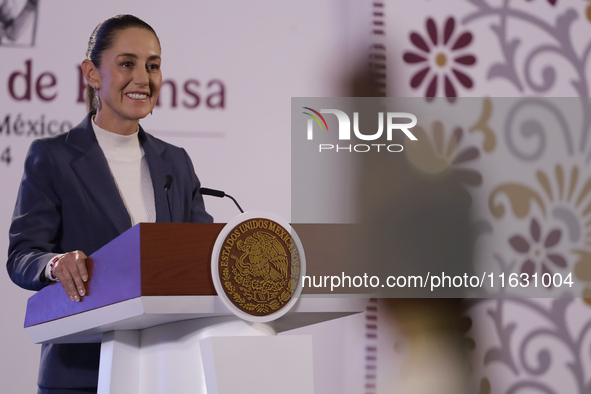 On October 2, 2024, in Mexico City, Mexico, Claudia Sheinbaum, President of Mexico, holds her first morning press conference at the National...