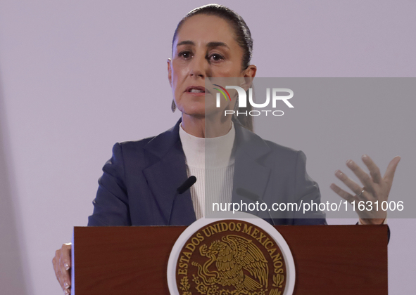 On October 2, 2024, in Mexico City, Mexico, Claudia Sheinbaum, President of Mexico, holds her first morning press conference at the National...