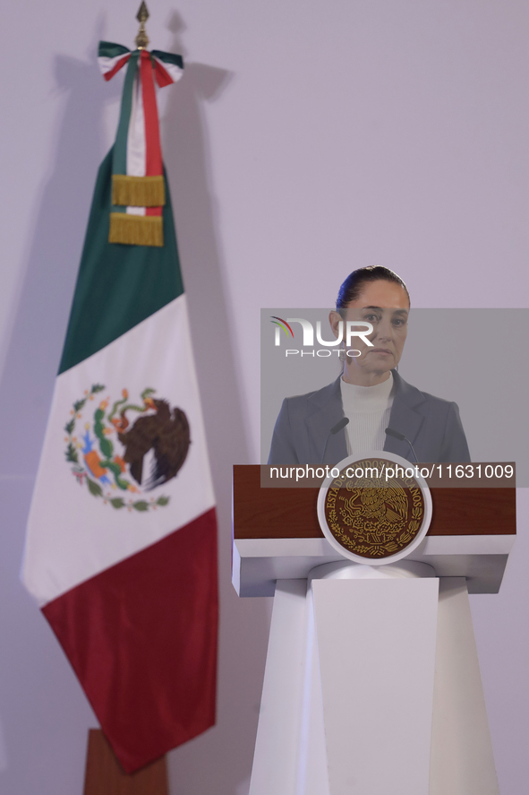 On October 2, 2024, in Mexico City, Mexico, Claudia Sheinbaum, President of Mexico, holds her first morning press conference at the National...