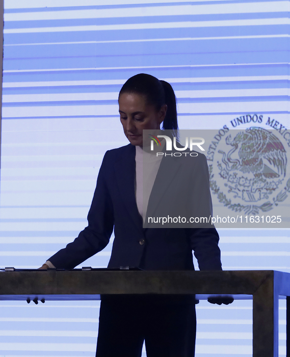 On October 2, 2024, in Mexico City, Mexico, Claudia Sheinbaum, President of Mexico, holds her first morning press conference at the National...