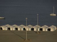 Tents erected by Cypriot authorities to process possible evacuees from Lebanon are seen at the port of Larnaca. Cyprus, Wednesday, October 2...