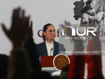 Claudia Sheinbaum Pardo, the first female President of Mexico, speaks during her first briefing conference of her six-year term. She talks a...