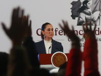 Claudia Sheinbaum Pardo, the first female President of Mexico, speaks during her first briefing conference of her six-year term. She talks a...