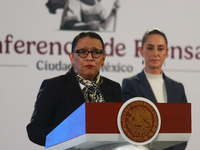 Claudia Sheinbaum Pardo, the first female President of Mexico, stands behind while Minister of Interior Rosa Icela Rodriguez speaks during t...