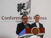 Claudia Sheinbaum Pardo, the first female President of Mexico, stands behind while Minister of Interior Rosa Icela Rodriguez speaks during t...