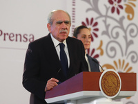 Claudia Sheinbaum Pardo, the first female President of Mexico, stands behind while Pablo Gomez, director of the Financial Intelligence Unit...