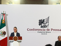 Claudia Sheinbaum Pardo, the first female President of Mexico, speaks during her first briefing conference of her six-year term. She talks a...