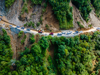 An aerial view shows roadblocks on the Dakshinkali-Sisneri road caused by landslides due to heavy rainfall in Sisneri, Makwanpur, Nepal, on...