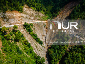 An aerial view shows roadblocks on the Dakshinkali-Sisneri road caused by landslides due to heavy rainfall in Sisneri, Makwanpur, Nepal, on...