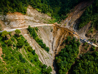 An aerial view shows roadblocks on the Dakshinkali-Sisneri road caused by landslides due to heavy rainfall in Sisneri, Makwanpur, Nepal, on...