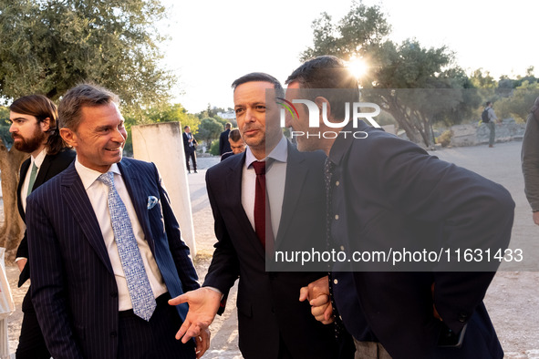 Achielas Tsaltas, the president of the Athens Democracy Forum, and Haris Doukas, the Mayor of Athens, participate in the Athens Democracy Fo...