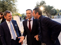 Achielas Tsaltas, the president of the Athens Democracy Forum, and Haris Doukas, the Mayor of Athens, participate in the Athens Democracy Fo...