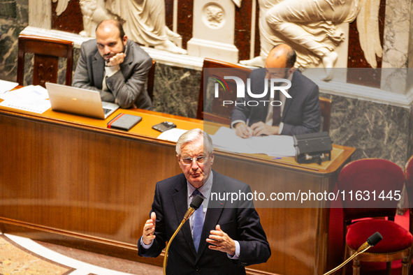 In Paris, France, on October 2, 2024, French Prime Minister Michel Barnier speaks at the National Assembly during a session of questions to...