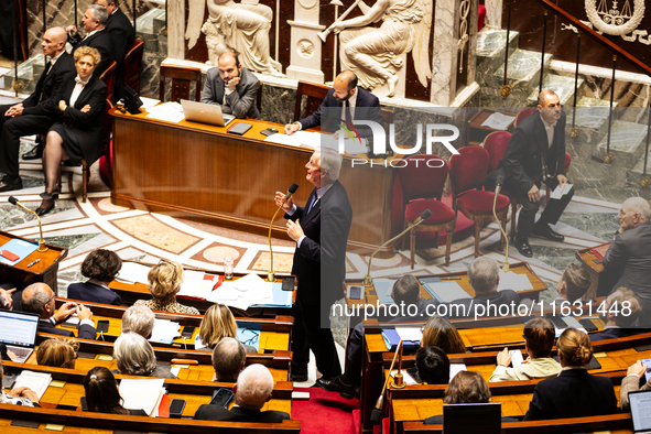 In Paris, France, on October 2, 2024, French Prime Minister Michel Barnier speaks at the National Assembly during a session of questions to...