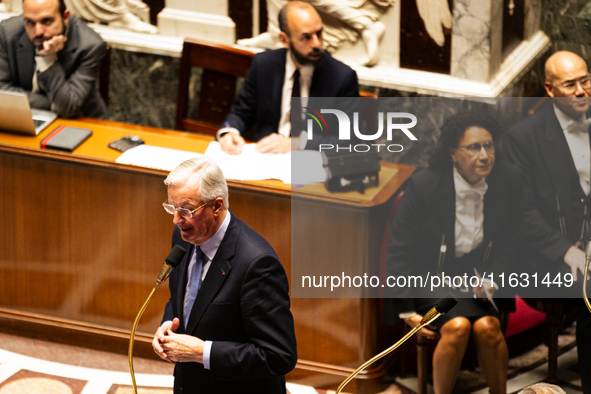 In Paris, France, on October 2, 2024, French Prime Minister Michel Barnier speaks at the National Assembly during a session of questions to...