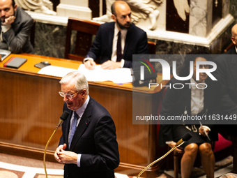 In Paris, France, on October 2, 2024, French Prime Minister Michel Barnier speaks at the National Assembly during a session of questions to...