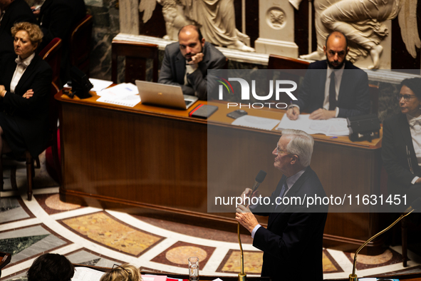 In Paris, France, on October 2, 2024, French Prime Minister Michel Barnier speaks at the National Assembly during a session of questions to...