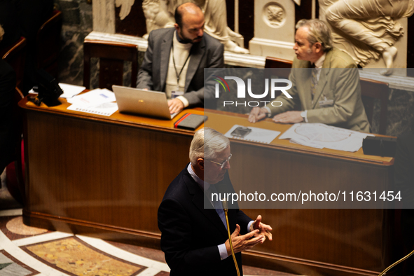 In Paris, France, on October 2, 2024, French Prime Minister Michel Barnier speaks at the National Assembly during a session of questions to...