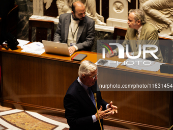 In Paris, France, on October 2, 2024, French Prime Minister Michel Barnier speaks at the National Assembly during a session of questions to...