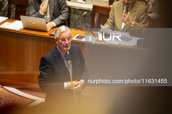 In Paris, France, on October 2, 2024, French Prime Minister Michel Barnier speaks at the National Assembly during a session of questions to...