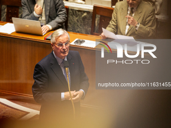 In Paris, France, on October 2, 2024, French Prime Minister Michel Barnier speaks at the National Assembly during a session of questions to...