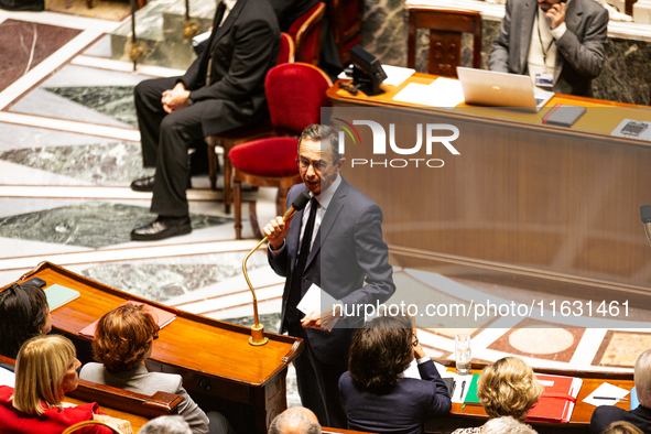 Bruno Retailleau, Minister of the Interior, speaks during the session of questions to the government at the National Assembly in Paris, Fran...