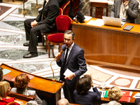 Bruno Retailleau, Minister of the Interior, speaks during the session of questions to the government at the National Assembly in Paris, Fran...