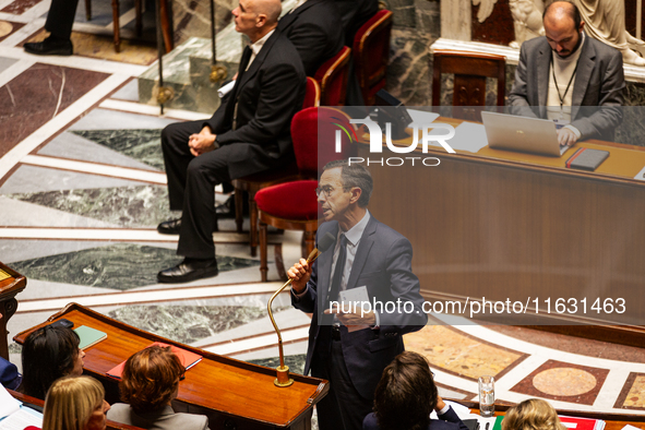 Bruno Retailleau, Minister of the Interior, speaks during the session of questions to the government at the National Assembly in Paris, Fran...