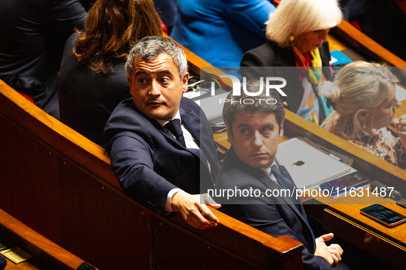 Gerald Darmanin, former Minister of the Interior, and Gabriel Attal, former Prime Minister, are seen during the session of questions to the...